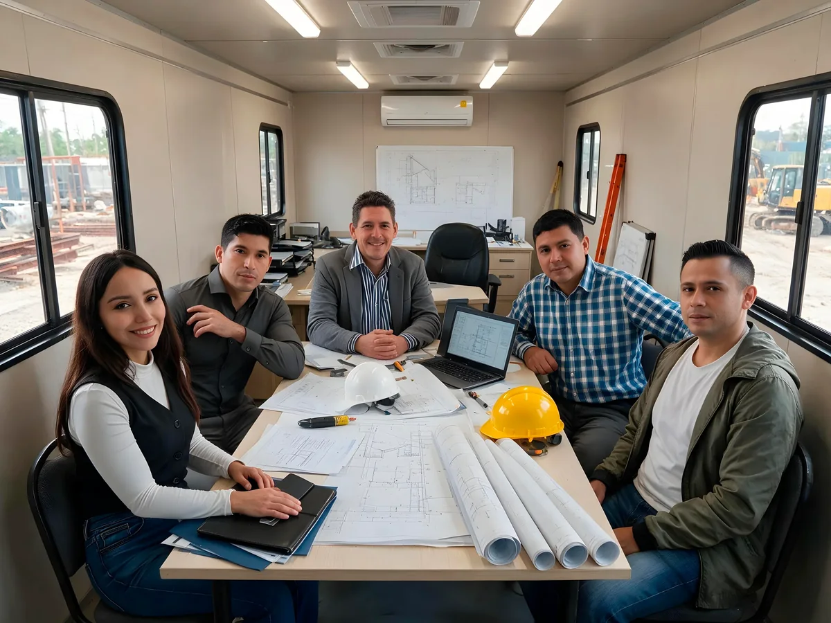International technical team reviewing construction plans